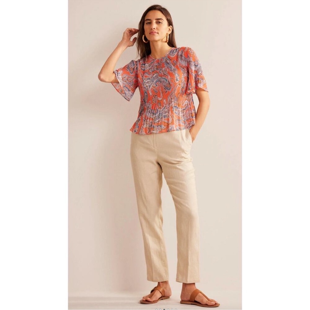 Boden Flutter-Sleeve Plisse Blouse Orange Jelly, Paradise Pop Paisley Size 12